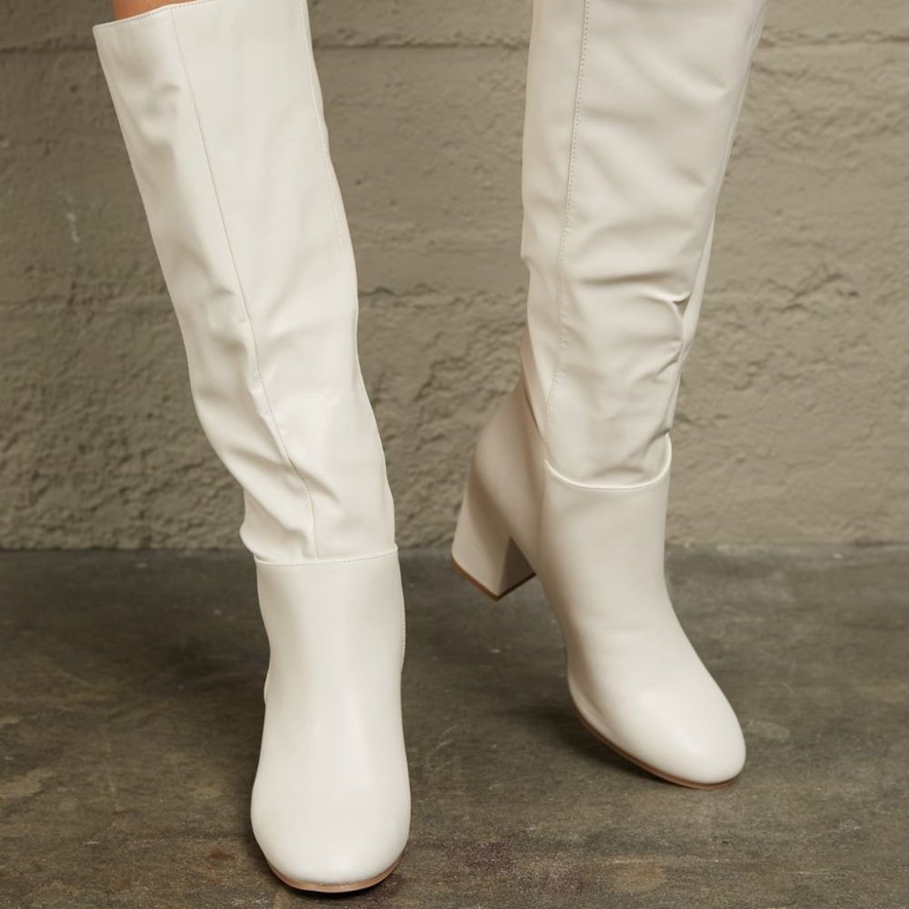 Block Heel Knee High Boots in White - Picture 5 of 5